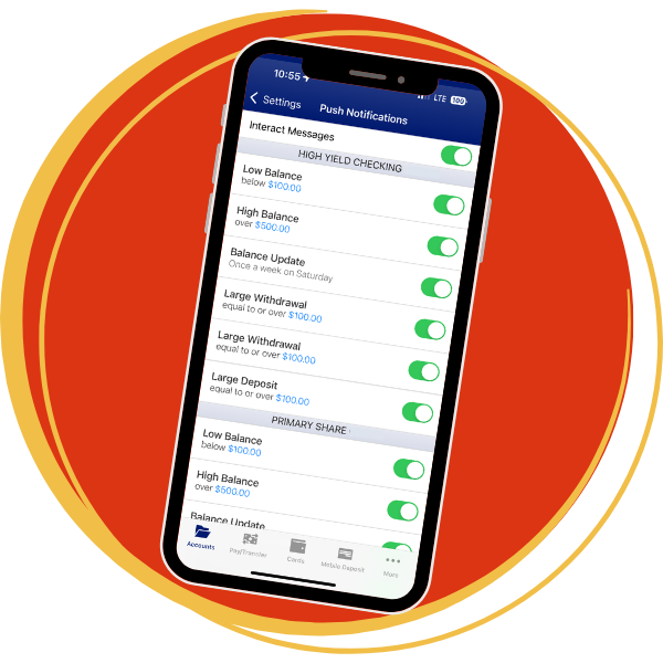 Phone screen with Digital Banking notification options on the screen.