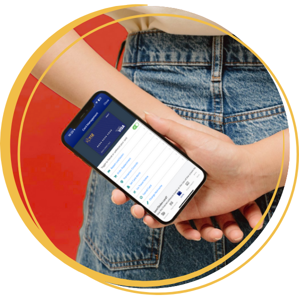 Person holding phone behind their back with Card Management in Digital Banking on the screen.