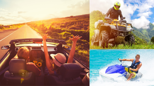Collage of a couple in a car, someone riding a four wheeler, and someone riding a jet ski.