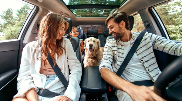 Family with dog riding in a car.