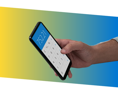 Hand holding phone with calculator on screen with a yellow to blue gradient background.