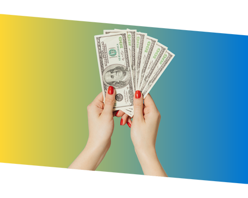 Hands holding $100 bills with a yellow to blue gradient background.