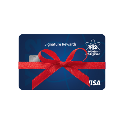 Image of the Signature Rewards Visa card with a red bow across the middle