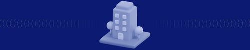 Indigo header with a 3D icon of a business building.
