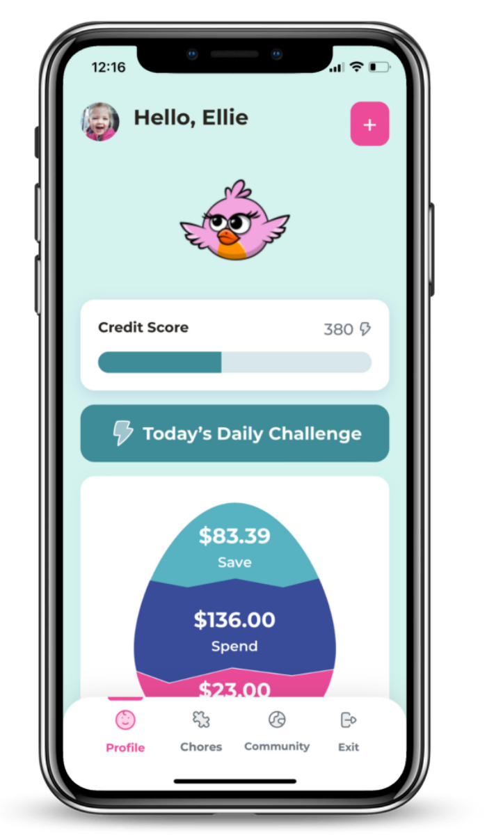 Phone screen of the My First Nest Egg app featuring a daily challenge, savings, spending, and more.