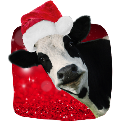 Image of a cow wearing a Santa hat against a red, sparkly background